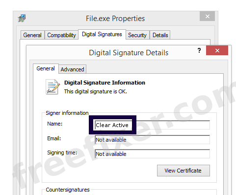 Screenshot of the Clear Active certificate